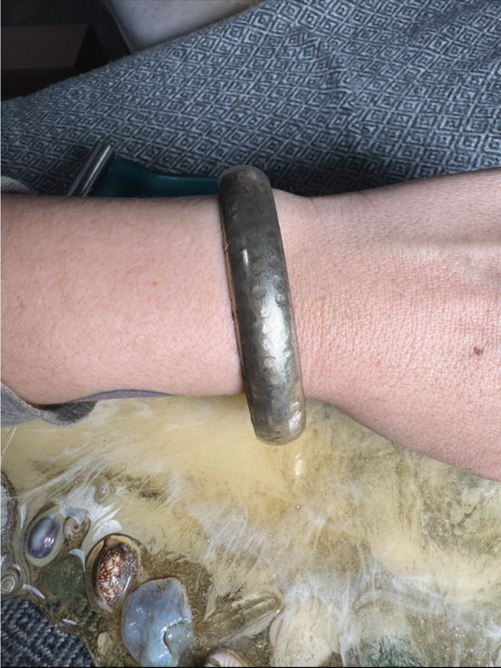 Vintage 10” Hammered Metal Bangle Bracelet in Aged Silver